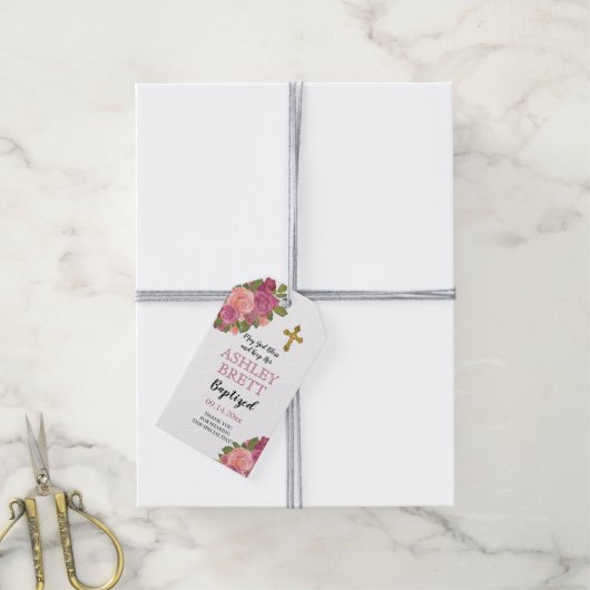 doop | Meisje Roze Waterverf Roos Bloemen | Kruis Cadeaulabel (Met Touw)