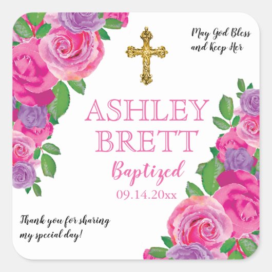 doop | Meisje Roze Waterverf Roos Bloemen | Kruis Vierkante Sticker (Voorkant)