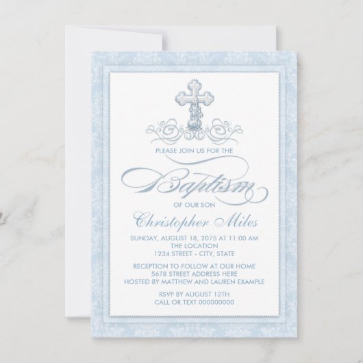 Doop met Blauwe Damast Kruis Kaart (Voorkant)