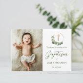 Doop Moderne Groene Krans kruis Aangepaste foto Bedankkaart (Staand voorkant)