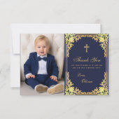 Doop Navy Blauw Goud  Elegant Boy Foto Bedankkaart (Voorkant)