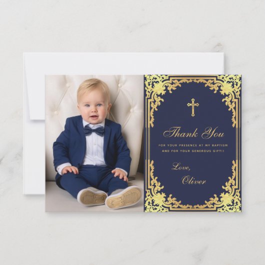 Doop Navy Blauw Goud  Elegant Boy Foto Bedankkaart (Voorkant)
