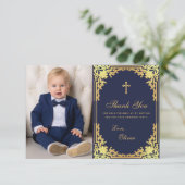 Doop Navy Blauw Goud  Elegant Boy Foto Bedankkaart (Staand voorkant)