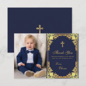 Doop Navy Blauw Goud  Elegant Boy Foto Bedankkaart (Voorkant / Achterkant)