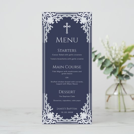 Doop Navy Blue  Elegant Boy Christening Menu (Staand voorkant)