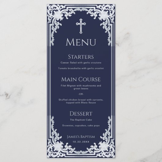 Doop Navy Blue Elegant Boy Christening Menu (Voorkant)