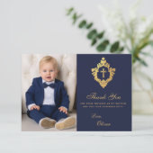 Doop Navy Gold Cross in Crest Elegant Boy Foto Bedankkaart (Staand voorkant)