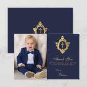 Doop Navy Gold Cross in Crest Elegant Boy Foto Bedankkaart (Voorkant / Achterkant)