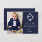 Doop  Navy Silver Crest Cross Boy Foto Bedankkaart (Voorkant / Achterkant)