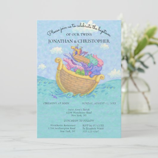 Doop Noah's Ark Tweeling Baby Dieren Blauw Kaart (Staand voorkant)