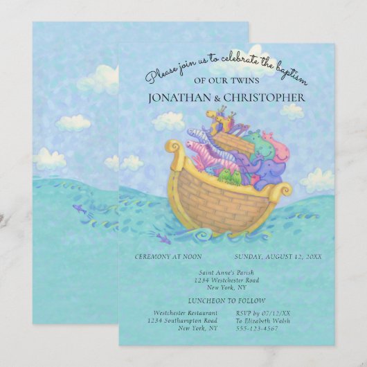 Doop Noah's Ark Tweeling Baby Dieren Blauw Kaart (Voorkant / Achterkant)