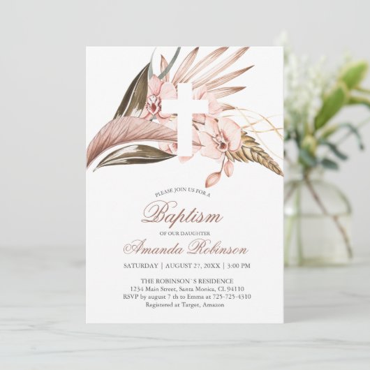 Doop Orchidee Pampas Grass Terracotta Uitnodiging (Staand voorkant)