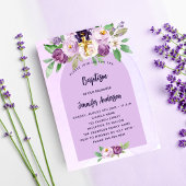 Doop paarse bloemen kruis meisje uitnodiging briefkaart