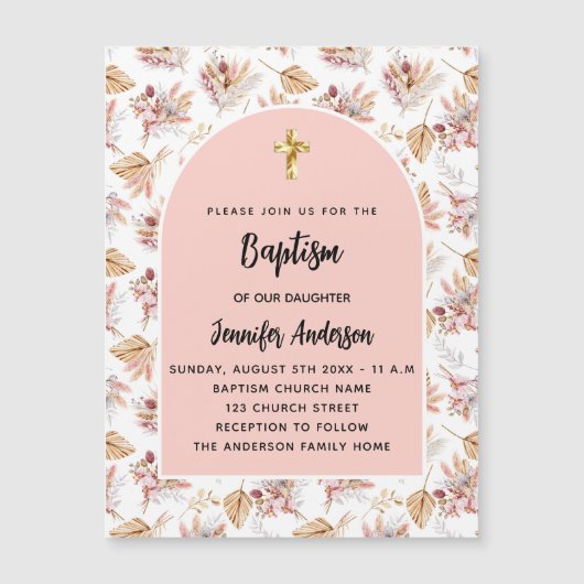 Doop pampas bloemen roos goud roze meisje luxe magnetische uitnodiging (Voorkant)