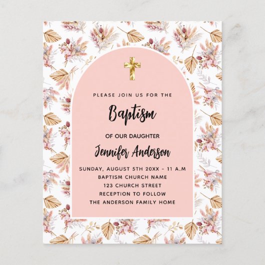 Doop pampas bloemen roos gouden budget uitnodiging flyer (Voorkant)