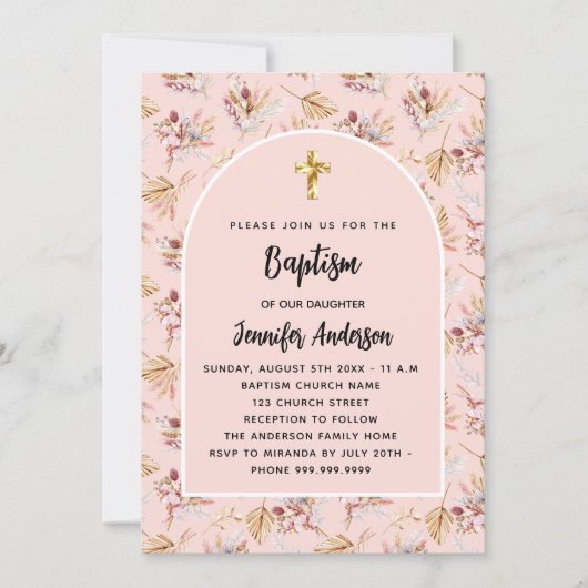 Doop pampas florals roos goud roze meisje kaart (Voorkant)