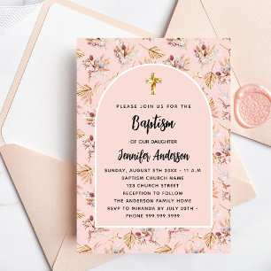 Doop pampas florals roos goud roze meisje uitnodiging briefkaart