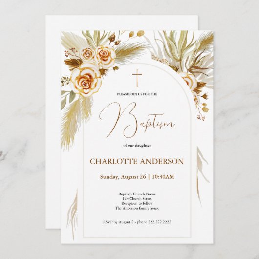 Doop pampas gras waterverf boho elegant kaart (Voorkant / Achterkant)