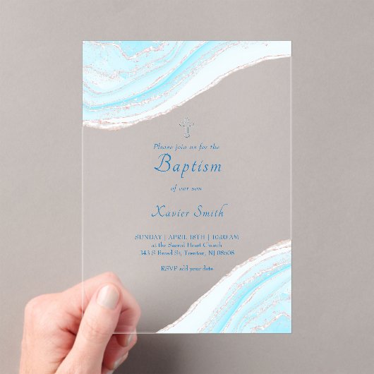 Doop pastel blauw marmer acryl uitnodigingen (Insitu (Draagbaar))