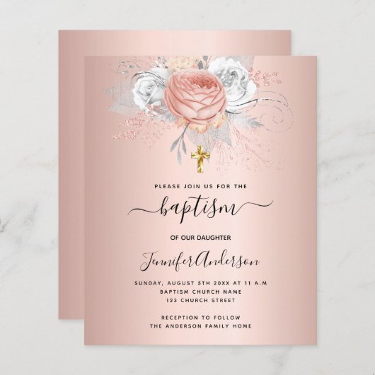 Doop roos gouden bloemen meisje uitnodiging (Voorkant / Achterkant)
