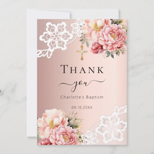 Doop roos gouden bloemenkant bedankkaart kaart (Voorkant)