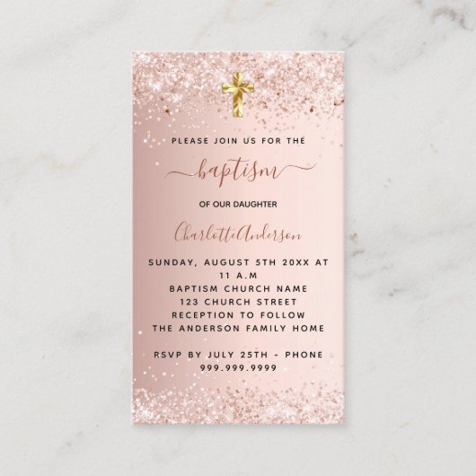 Doop roos gouden kruis uitnodiging (Voorkant)