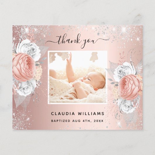 Doop roos gouden meisje bloemenfoto bedankkaart (Achterkant)