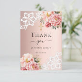 Doop roos gouden roze bloemenkantkruis bedankkaart (Staand voorkant)