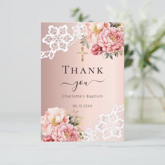 Doop roos gouden roze bloemenkantkruis bedankkaart (Staand voorkant)