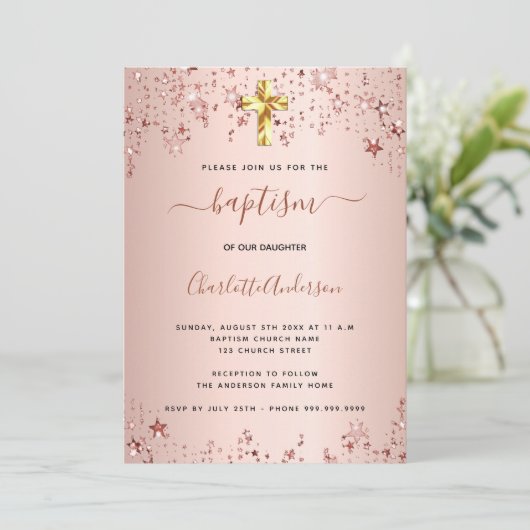 Doop roos gouden sterren meisje elegant kaart (Staand voorkant)