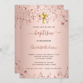 Doop roos gouden sterren meisje elegant kaart (Voorkant / Achterkant)