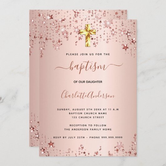 Doop roos gouden sterren meisje elegant kaart (Voorkant / Achterkant)