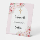 Doop roze bloemen boogmeisje welkom reclamebord met voetstuk (Voorkant)