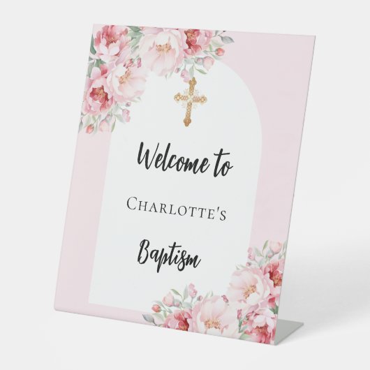 Doop roze bloemen boogmeisje welkom reclamebord met voetstuk (Voorkant)