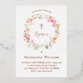 Doop roze bloemen krans folie uitnodiging (Voorkant)
