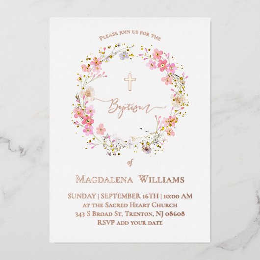 Doop roze bloemen krans folie uitnodiging (Voorkant)