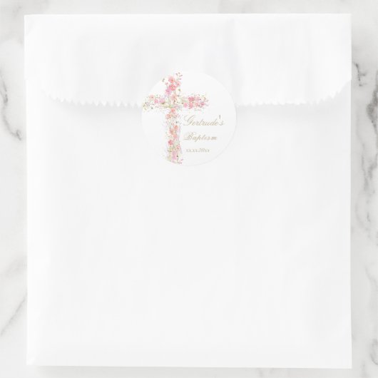 Doop roze bloemen kruis baby meisje ronde sticker (Tas)