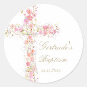 Doop roze bloemen kruis baby meisje ronde sticker (Voorkant)