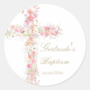 Doop roze bloemen kruis baby meisje ronde sticker