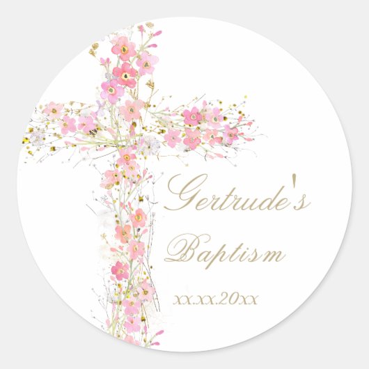 Doop roze bloemen kruis baby meisje ronde sticker (Voorkant)