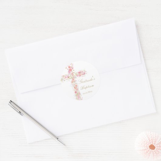Doop roze bloemen kruis baby meisje ronde sticker (Envelop)