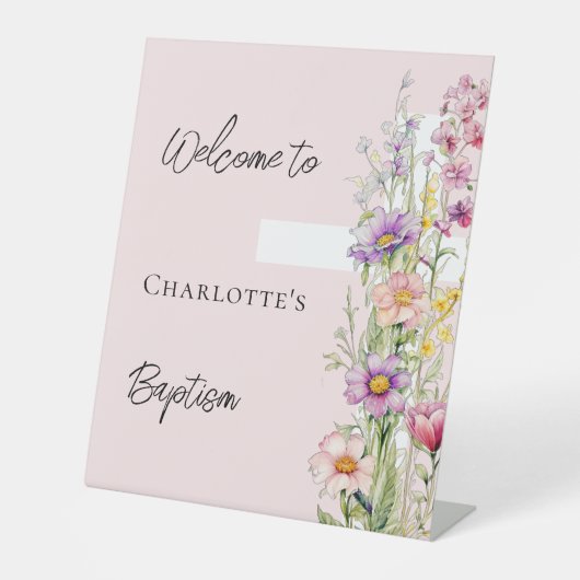 Doop roze bloemen kruis meisje welkom teken reclamebord met voetstuk (Voorkant)