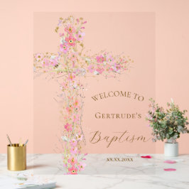 Doop roze bloemen kruis welkom duidelijk bord