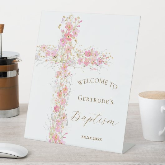 Doop roze bloemen kruis welkomstbord reclamebord met voetstuk (Insitu)