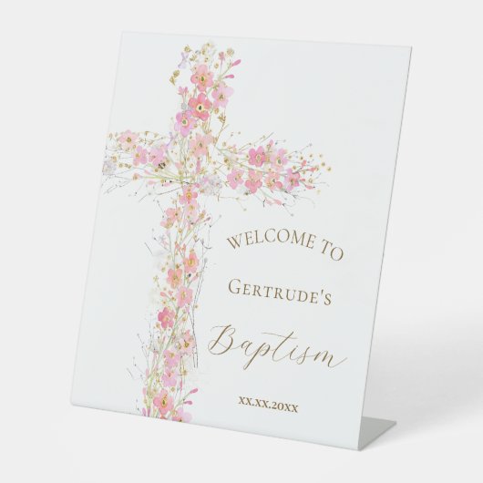 Doop roze bloemen kruis welkomstbord reclamebord met voetstuk (Voorkant)