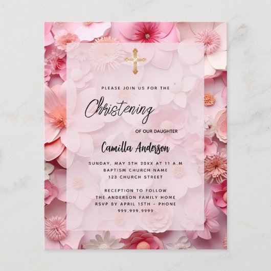 Doop roze bloemen meisje budget uitnodiging flyer (Voorkant)