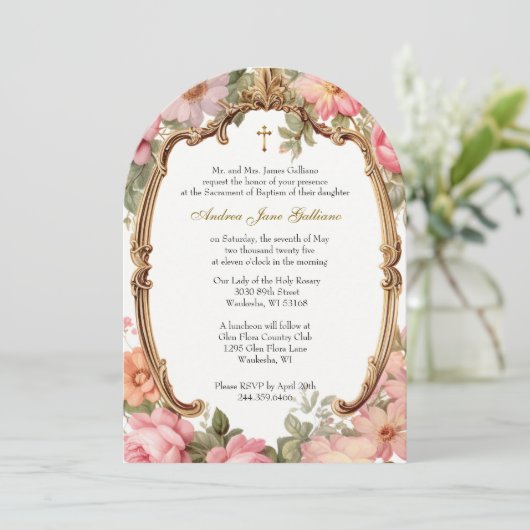 Doop Roze Bloemen Moeder Maria Jezus Goud Kaart (Staand voorkant)