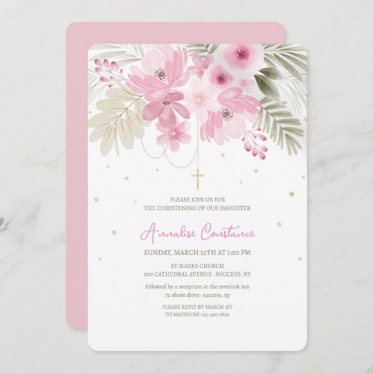 Doop Roze Bloemen uitnodiging (Voorkant / Achterkant)