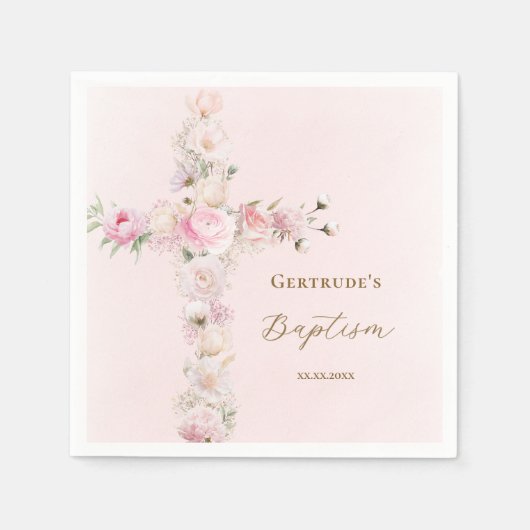 Doop roze bloemenkruis servet (Voorkant)