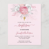 Doop roze bloemenmeisje elegante witte uitnodiging (Voorkant)